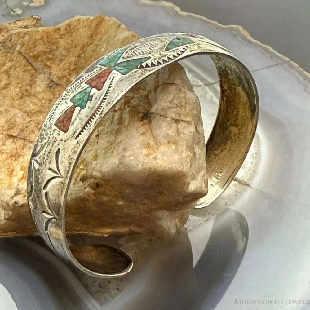 Vintage Native American Silver Turquoise & Coral Chip Inlay Bracelet For Women